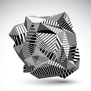 Decorative complicated unusual eps8 figure constructed from triangles with parallel black lines. Striped multifaceted asymmetric photo