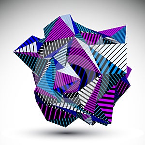 Decorative complicated unusual eps8 figure constructed from triangles with parallel black lines. Purple striped multifaceted