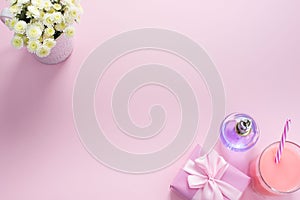 Decorative composition flat lay set of items flowers perfume cocktail gift Top view copy space
