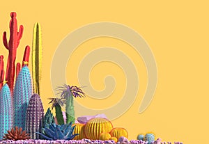 Decorative composition of groups of different species of multicolored cacti on yellow background. Contemporary art. Ð¡opy space.