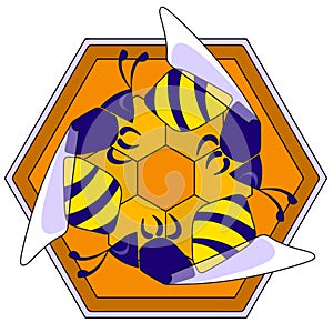 Decorative composition of three bees inscribed in a honeycomb hexagon