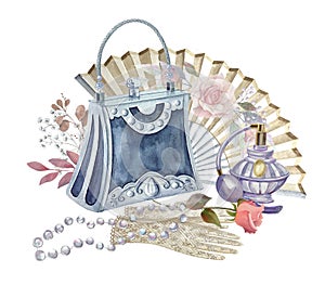 Decorative composition of women\'s accessories of the ART NUVO period. Retro items. watercolor illustration