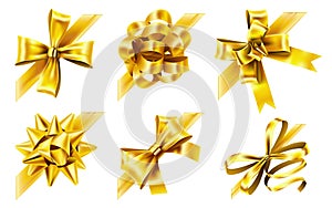 Decorative corner bow. Golden favor ribbon, yellow angle bows and luxury gold ribbons realistic 3D vector illustration