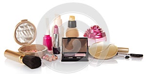 Decorative cosmetics, bottle of perfume and nail