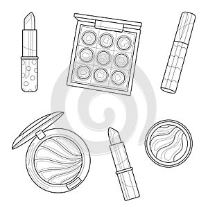 Decorative cosmetics. Eyeshadow and lipstick.Coloring book antistress for children and adults. Illustration isolated on