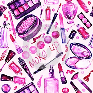 Decorative cosmetics, make up stuff collection, hand painted watercolor, pink, purple color palette