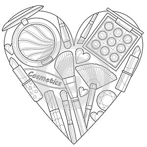 Decorative cosmetics and makeup brushes in the shape of a heart.Coloring book antistress for children and adults.