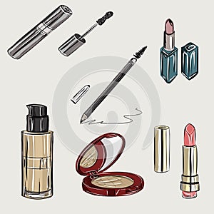 Decorative cosmetics and makeup brushes on a white background, top view. Makeup kit. Care and decorative cosmetics store, advertis