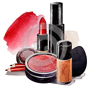 Decorative cosmetics for makeup painted in watercolor on white background. Isolated. For postcards