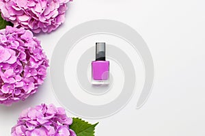 Decorative cosmetics, nail polish. Set of different varnishes for manicure nails on light background with flowers of pink