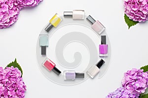 Decorative cosmetics, nail polish. Set of different varnishes for manicure nails on light background with flowers of pink