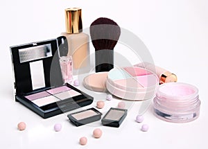 Decorative cosmetics set empty background.