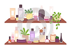 Decorative cosmetics on shelf. Cosmetic products and makeup elements. Beauty salon accessories, cartoon lotion bottles