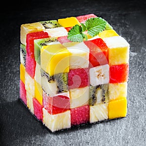 Decorative cube of diced fresh summer fruit