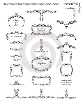 Decorative curled decor, headers, frames, Arabic stylish black pattern for greeting card or invitation design