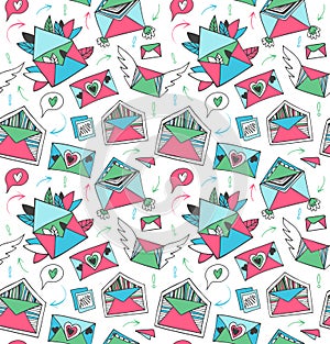 Decorative cute post mail pattern. Seamless background with lovely doodle letters, envelopes, wings and hearts.