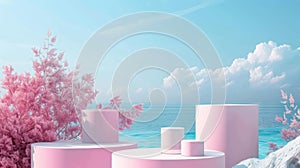 Decorative cylinder box backdrop. Background for 3D composition of a natural beauty podium. Seascape background....