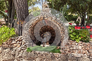 Decorative decorations are in the garden of the Deir Al-Mukhraqa Carmelite Monastery in northern Israel