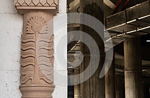 Decorative detail of a column in an Indian temple under construction.