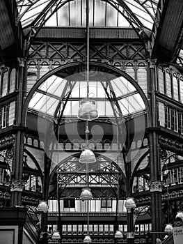 Decorative details of victorian shopping arcades in leeds