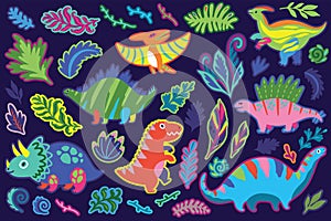 Decorative dinosaur and fern sticker set. Vector illustration