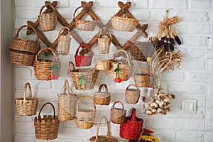 Decorative display of handmade woven baskets on a wall