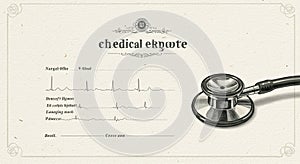 A vintage-style illustration of a stethoscope alongside a medical report. The