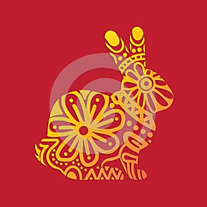 A decorative doddle art rabbits vector illustration with a red background and yellow flowers. Happy Easter card, banner.