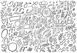 Decorative doodles. Hand drawn pointing arrow, outline shapes and doodle frames vector illustration set