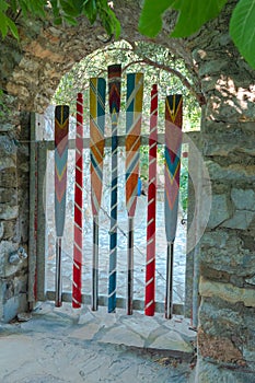 Decorative door made by wooden colored boat oars