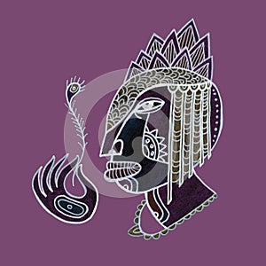 Decorative drawing of African woman holding feather, wearing headpiece jewelry