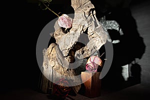 Decorative driftwood and dried roses