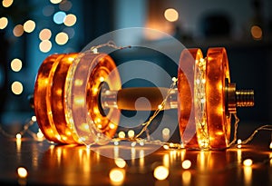 Decorative illuminated dumbbell with warm string lights on a reflective surface
