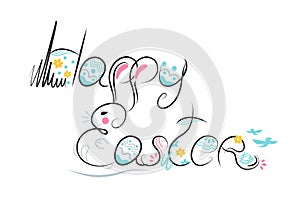 Decorative Easter composition hand drawn black font on white background. Funny doodle from bunny, eggs, flowers, leaves. Vector