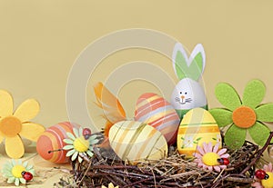 Decorative easter decorations in the nest, Happy Easter