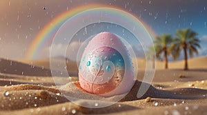 Decorative Easter Egg in Desert Rain with Rainbow in the Background