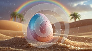 Decorative Easter Egg in Desert Rain with Rainbow in the Background