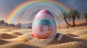 Decorative Easter Egg in Desert Rain with Rainbow in the Background