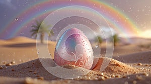 Decorative Easter Egg in Desert Rain with Rainbow in the Background