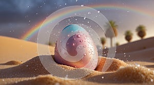 Decorative Easter Egg in Desert Rain with Rainbow in the Background