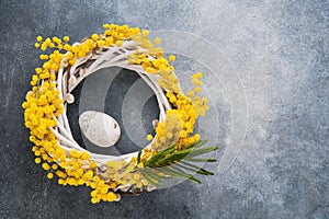Decorative Easter egg and mimosa wreath on a blue background. Top view, copy space