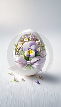 Decorative Easter Egg with Pansy and Spring Flowers Adorned with Lavender Ribbon