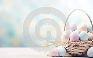 Decorative Easter eggs in a basket on the table, pastel colors, blurred blue background. Bokeh, de focus, copy space. Spring