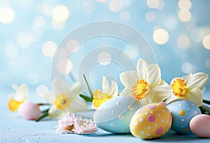 Decorative Easter Eggs With Fresh Daffodils On A Pastel Blue Background