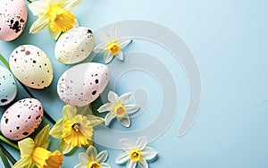 Decorative Easter Eggs With Fresh Daffodils On A Pastel Blue Background