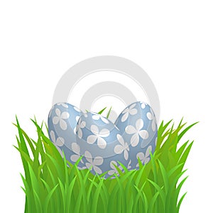 Decorative Easter Eggs Set On Green Grass Border, Isolated On White Background. Vector Illustration Colourful Easter Eggs.