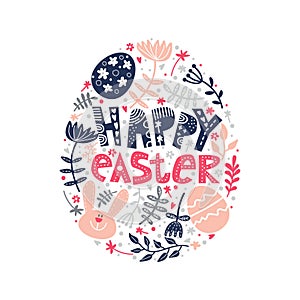 Decorative Easter elements in the shape of an egg. Easter frame with eggs and flowers. Easter card template with colored eggs.