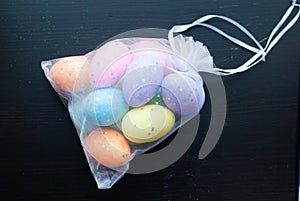 Decorative eggs in transparent bag.