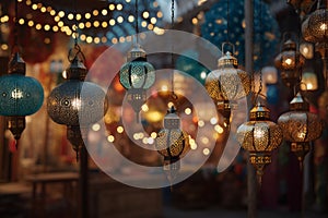 Decorative EidalAdha lanterns hanging in a. generative ai photo