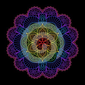 Decorative Element Rainbow Mandala on Black Background.